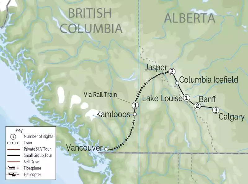 Calgary Stampede and the Canadian Rockies Rail Tour map