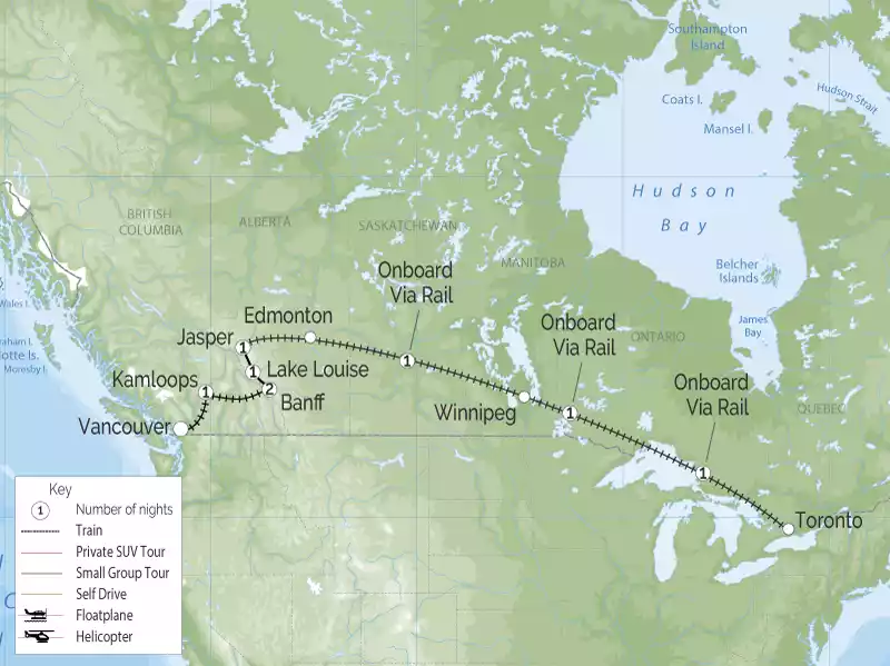 Canadian Trails Rail Vacation Across Canada - Toronto to Vancouver map