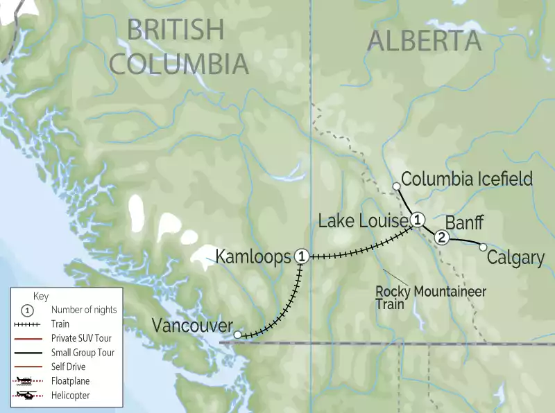 Glittering Glaciers of the Canadian Rockies by Rail map