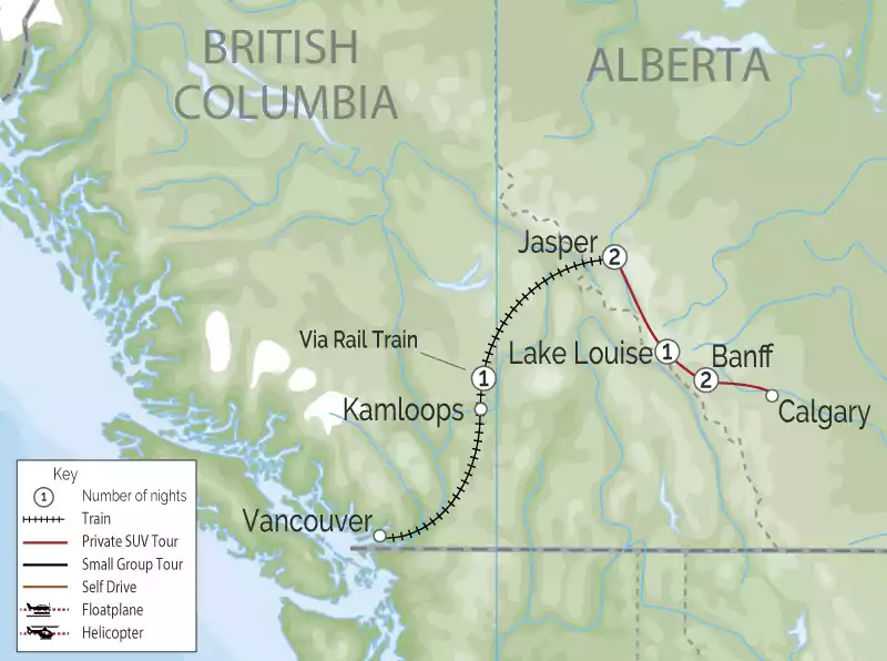 Luxury Winter Snow Train to the Canadian Rockies Map